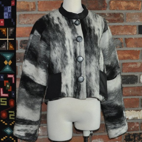 Caty Lesca Paris Black & White Marble Look Boiled Wool Blend Cropped Jacket Coat - Picture 1 of 6